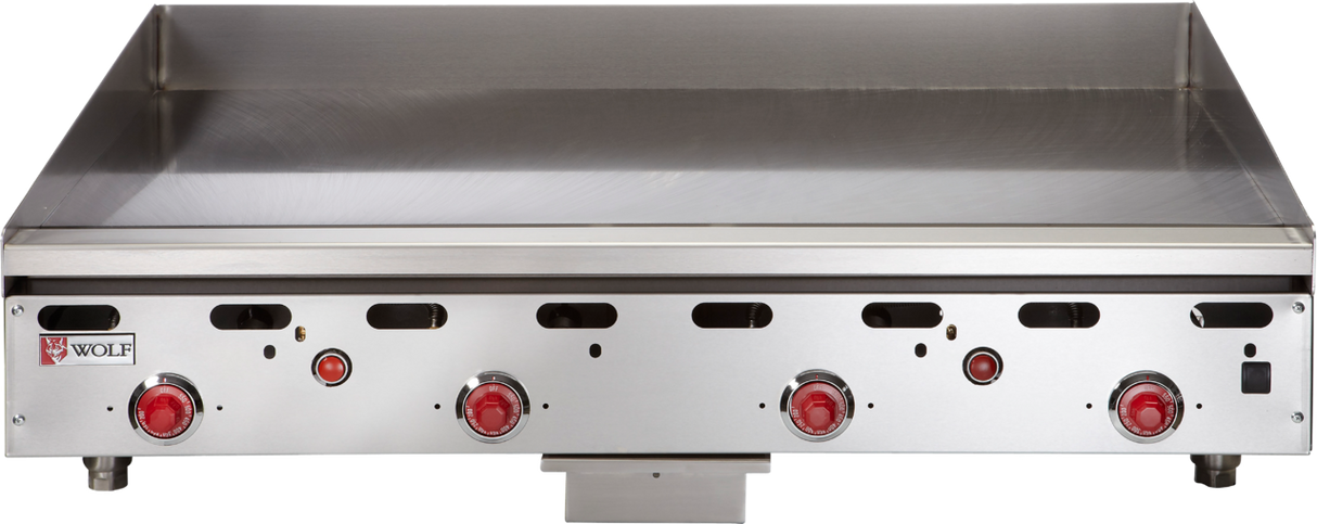 A stainless steel heavy duty countertop griddle with four red control knobs, a smooth cooking surface, vent slots, and the Wolf ASA48_LP logo. This commercial gas griddle is clean and unused, perfect for any restaurant or professional kitchen.