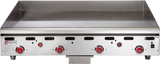 A stainless steel heavy duty countertop griddle with four red control knobs, a smooth cooking surface, vent slots, and the Wolf ASA48_LP logo. This commercial gas griddle is clean and unused, perfect for any restaurant or professional kitchen.