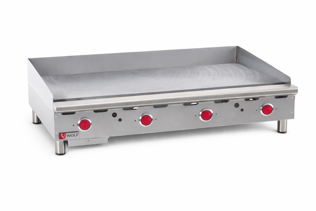 A heavy duty countertop griddle, the Wolf ASA48_LP features four red control knobs, a flat cooking surface, raised splash guards, and stands on short metal legs. The commercial gas griddle displays the Wolf brand label on the front lower left corner.
