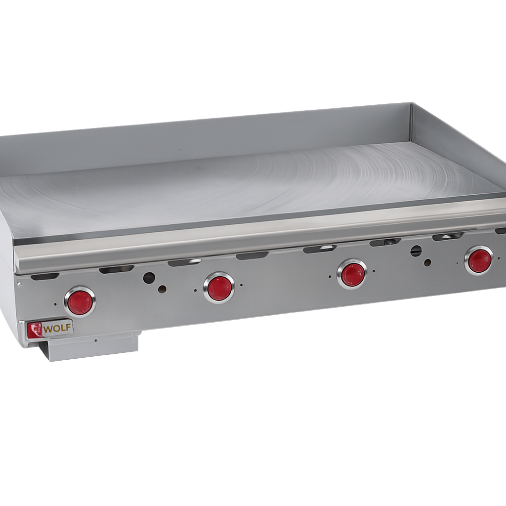 A Wolf ASA48_LP heavy duty countertop commercial gas griddle with four red control knobs and splash guards on three sides; features a clean, flat surface and the Wolf brand logo on the lower left corner.