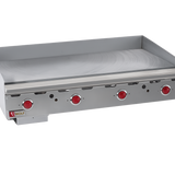 A Wolf ASA48_LP heavy duty countertop commercial gas griddle with four red control knobs and splash guards on three sides; features a clean, flat surface and the Wolf brand logo on the lower left corner.