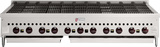 A large commercial Wolf SCB60_NAT charbroiler features a stainless steel exterior, nine black control knobs, two grease trays underneath, and a wide grilling surface with closely spaced grate bars—ideal for heavy-duty use.