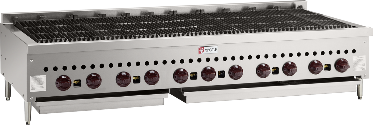 A large commercial gas countertop charbroiler, the 60-inch Wolf SCB60_NAT features a stainless steel exterior, ten red control knobs, metal grate cooking surface, and two pull-out grease trays—ideal for heavy-duty, high-volume grilling in professional kitchens.
