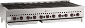 A large commercial gas countertop charbroiler, the 60-inch Wolf SCB60_NAT features a stainless steel exterior, ten red control knobs, metal grate cooking surface, and two pull-out grease trays—ideal for heavy-duty, high-volume grilling in professional kitchens.