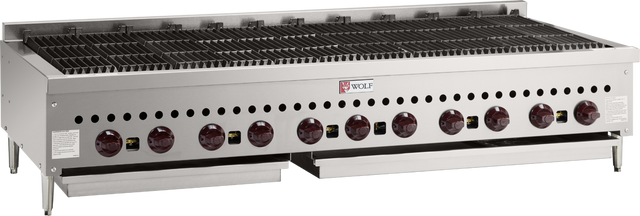 A large commercial gas countertop charbroiler, the 60-inch Wolf SCB60_NAT features a stainless steel exterior, ten red control knobs, metal grate cooking surface, and two pull-out grease trays—ideal for heavy-duty, high-volume grilling in professional kitchens.