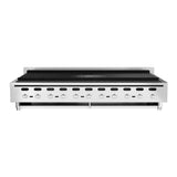 A front view of a large commercial stainless steel charbroiler gas grill with multiple control knobs, ventilation holes, and a wide cooking surface with grates. The industrial, modern design is ideal for heavy-duty restaurant or countertop use.