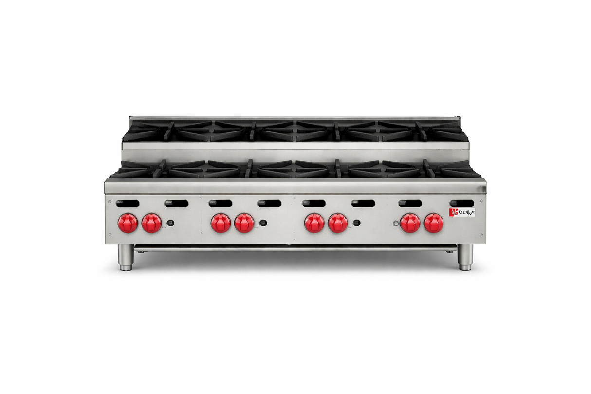 A commercial gas hotplate designed for professional kitchens, this stainless steel stovetop features six open burners with black grates, red control knobs, and sturdy metal legs. A discreet brand logo appears in the lower right corner against a white background.