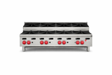 A commercial gas hotplate designed for professional kitchens, this stainless steel stovetop features six open burners with black grates, red control knobs, and sturdy metal legs. A discreet brand logo appears in the lower right corner against a white background.
