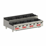 A commercial countertop stainless steel gas range with eight open burners in two rows, each operated by a red control knob on the front panel. The unit features sturdy metal legs and a Royal brand logo on the lower right corner, ideal for professional kitchens.