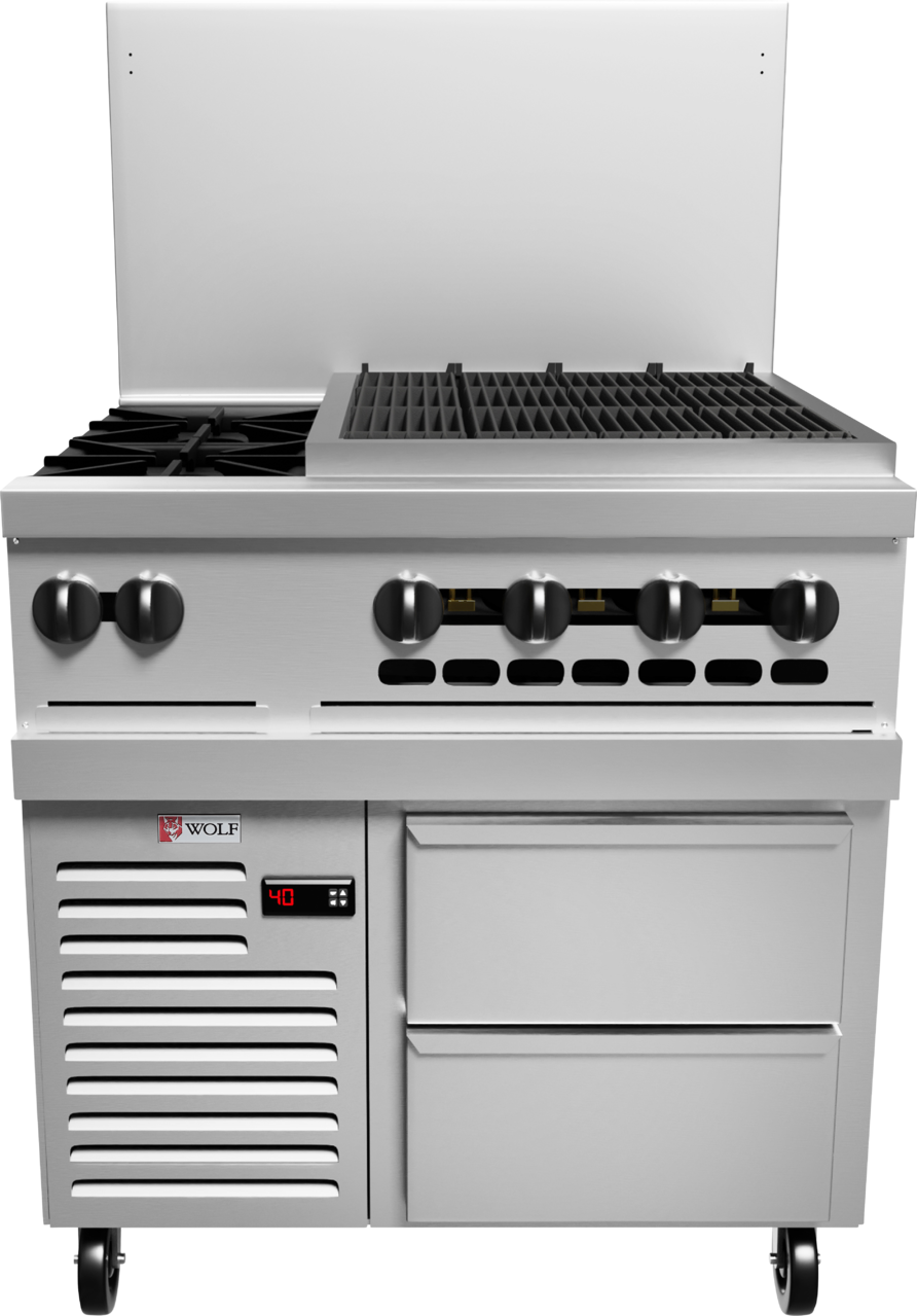 A commercial gas range, the Wolf Challenger XL Restaurant Range boasts four burner knobs, a gas stovetop with grates, an oven below, two storage drawers, a digital display reading “40,” ventilation slots, wheels for mobility, and a 24-inch charbroiler.