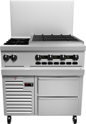 A commercial gas range, the Wolf Challenger XL Restaurant Range boasts four burner knobs, a gas stovetop with grates, an oven below, two storage drawers, a digital display reading “40,” ventilation slots, wheels for mobility, and a 24-inch charbroiler.