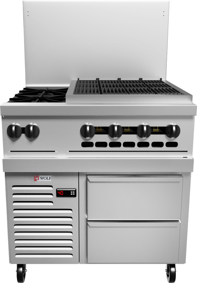 A Wolf Challenger XL Restaurant Range, this commercial kitchen equipment features four stove knobs, a burner, a gas cooking appliance griddle, an oven with digital display, two storage drawers, and wheels for mobility. The Wolf logo is visible on the front.