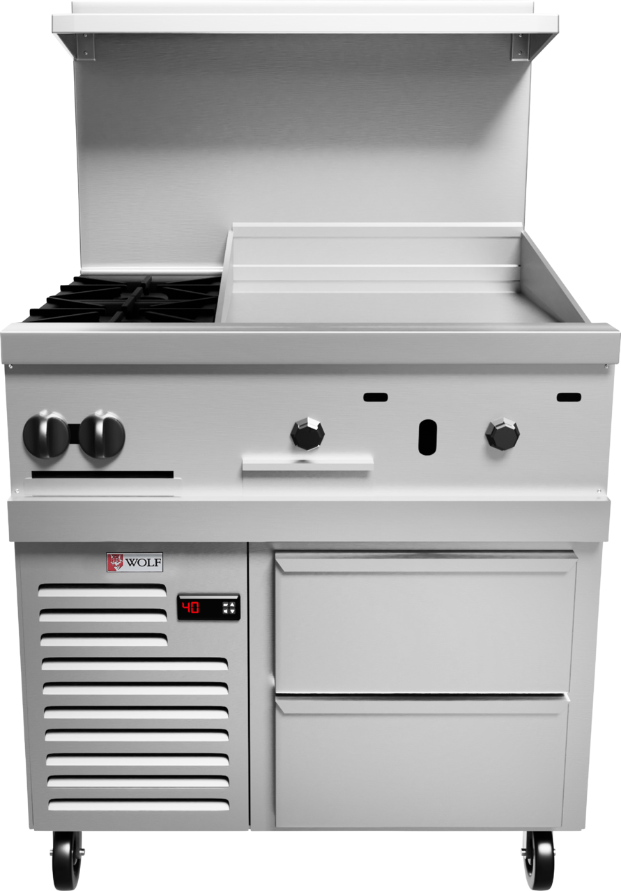 A commercial stainless steel kitchen appliance featuring a thermostatic griddle, stovetop burners, large control knobs, digital temperature display, lower storage compartments, and caster wheels—perfect for professional cooking in any setting.