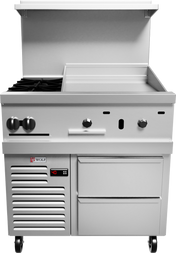 A commercial stainless steel kitchen appliance featuring a thermostatic griddle, stovetop burners, large control knobs, digital temperature display, lower storage compartments, and caster wheels—perfect for professional cooking in any setting.