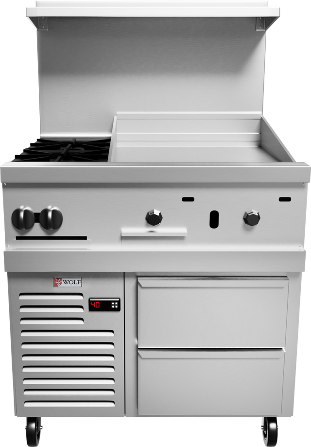 A commercial stainless steel kitchen appliance featuring a thermostatic griddle, stovetop burners, large control knobs, digital temperature display, lower storage compartments, and caster wheels—perfect for professional cooking in any setting.