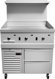 A commercial stainless steel griddle with a refrigerated base, three control knobs, a flat cooking surface, raised backsplash, digital temperature display, two storage drawers, and four caster wheels—ideal for any busy commercial restaurant range setup.