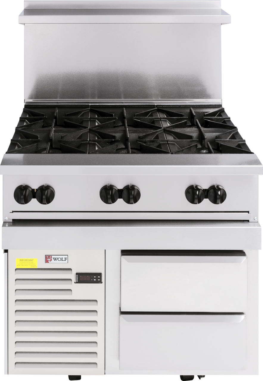 A Wolf Endurance Restaurant Range, this commercial gas range features six black burner grates, four front control knobs, a backsplash, a refrigerated base with digital display and vent, two pull-out drawers, and the iconic Wolf logo.