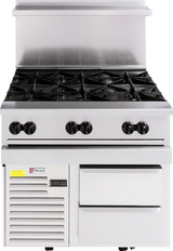 A Wolf Endurance Restaurant Range, this commercial gas range features six black burner grates, four front control knobs, a backsplash, a refrigerated base with digital display and vent, two pull-out drawers, and the iconic Wolf logo.