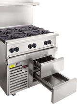 A stainless steel Wolf Endurance Restaurant Range with four gas burners, front control knobs, and two open metal drawers beneath. Featuring an electronic display and air vents on the lower left, this 36-inch gas range has a modern, industrial look.