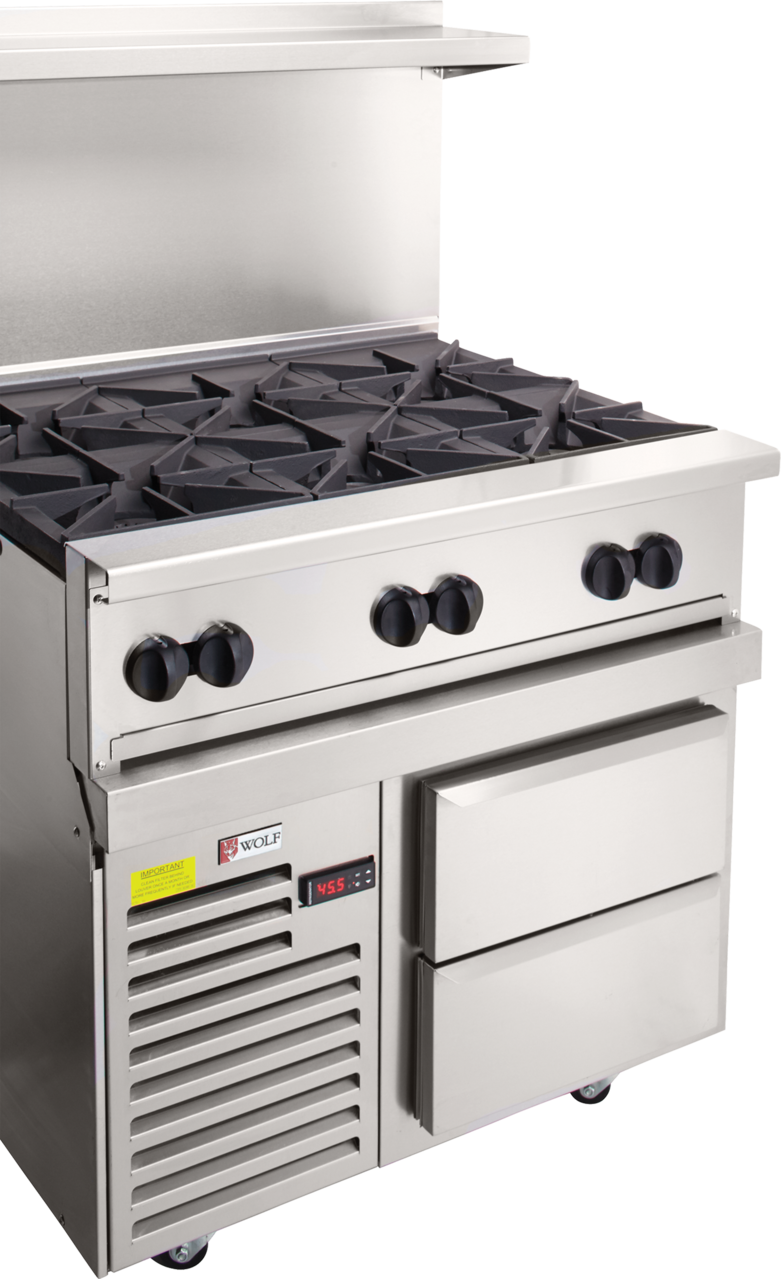 A Wolf Endurance Restaurant Range commercial gas range featuring four black burner grates, front control knobs, a lower oven with vented panel, digital display, and two pull-out drawers on the right—ideal for any professional kitchen.