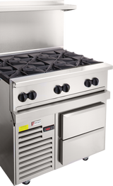A Wolf Endurance Restaurant Range commercial gas range featuring four black burner grates, front control knobs, a lower oven with vented panel, digital display, and two pull-out drawers on the right—ideal for any professional kitchen.