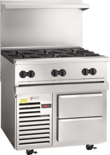 The Wolf Endurance Restaurant Range is a commercial gas range featuring four burners, black knobs, a digital display, two lower drawers with a refrigerated base, and caster wheels. The signature Wolf label is visible on the sleek stainless steel front.