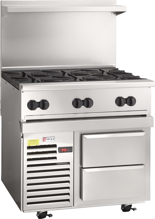 The Wolf Endurance Restaurant Range is a commercial gas range featuring four burners, black knobs, a digital display, two lower drawers with a refrigerated base, and caster wheels. The signature Wolf label is visible on the sleek stainless steel front.