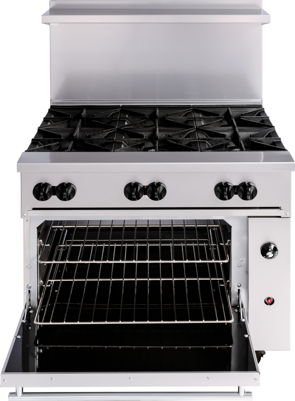 The Wolf Challenger XL range is a commercial gas range featuring six black burner grates, four front black knobs, a lower oven with two metal racks inside, and a sturdy metallic backsplash—perfect for any professional kitchen.