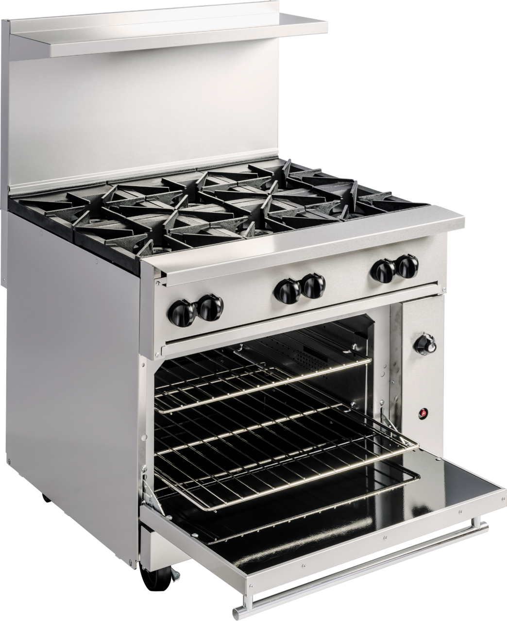 A commercial gas range featuring six burners, front control knobs, and an open oven below with two metal racks and the door fully open. This restaurant range includes a backsplash and a handy shelf above the burners for added convenience.