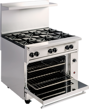 A commercial gas range featuring six burners, front control knobs, and an open oven below with two metal racks and the door fully open. This restaurant range includes a backsplash and a handy shelf above the burners for added convenience.