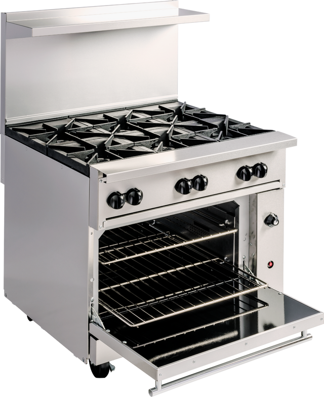 A commercial gas range featuring six burners, front control knobs, and an open oven below with two metal racks and the door fully open. This restaurant range includes a backsplash and a handy shelf above the burners for added convenience.