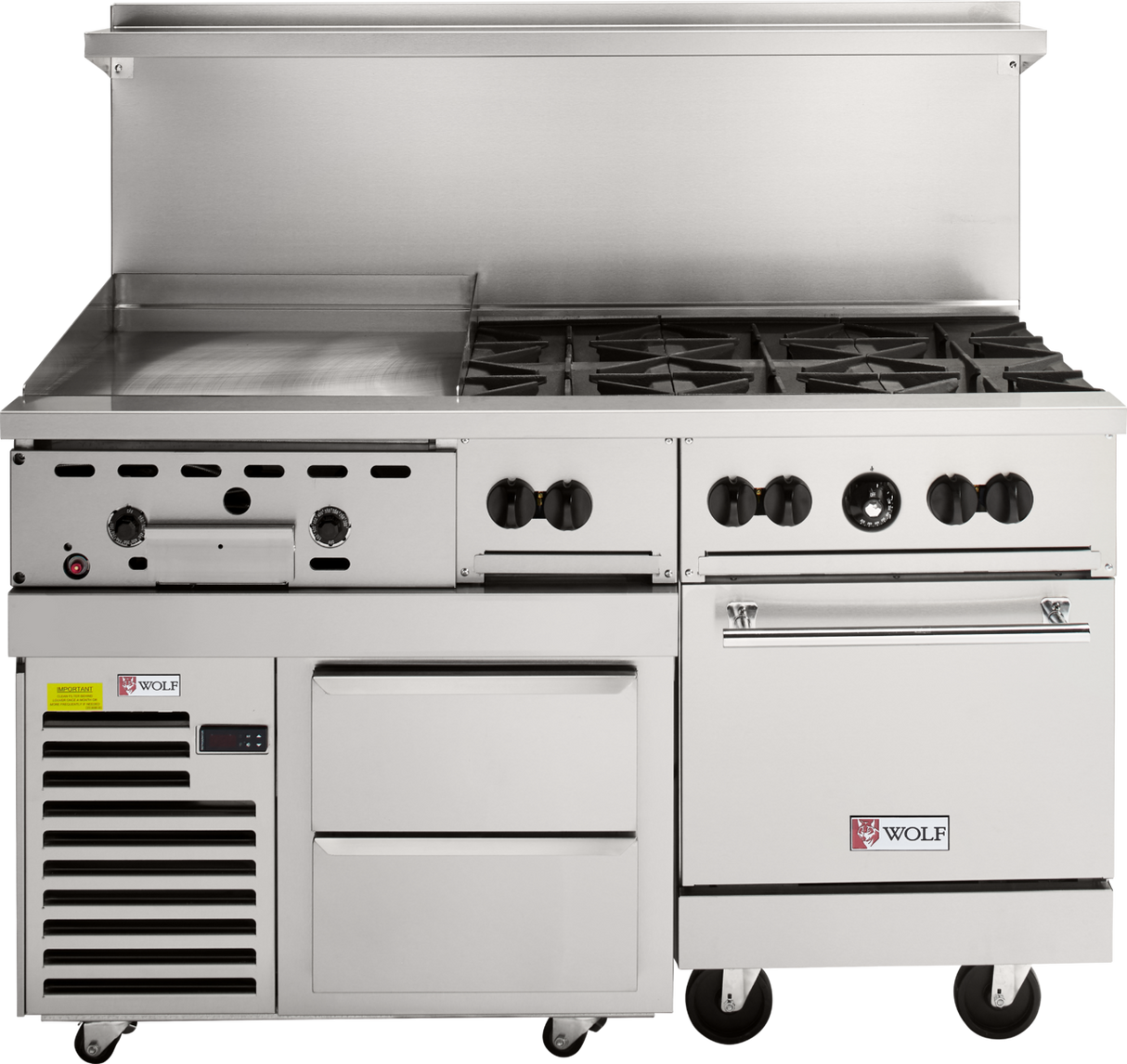 A large 60-inch restaurant range with a flat griddle, four gas burners, two drawers, an oven with a handle, ventilation panel, and control knobs. This Wolf Challenger XL Restaurant Range is on wheels and built for any commercial kitchen.