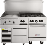 A large 60-inch restaurant range with a flat griddle, four gas burners, two drawers, an oven with a handle, ventilation panel, and control knobs. This Wolf Challenger XL Restaurant Range is on wheels and built for any commercial kitchen.