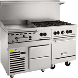 A commercial restaurant range with six gas burners, a flat griddle, two large drawers, an oven, a refrigerated base, control knobs, and caster wheels—all stainless steel and branded with the Wolf logo.
