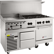 A commercial restaurant range with six gas burners, a flat griddle, two large drawers, an oven, a refrigerated base, control knobs, and caster wheels—all stainless steel and branded with the Wolf logo.