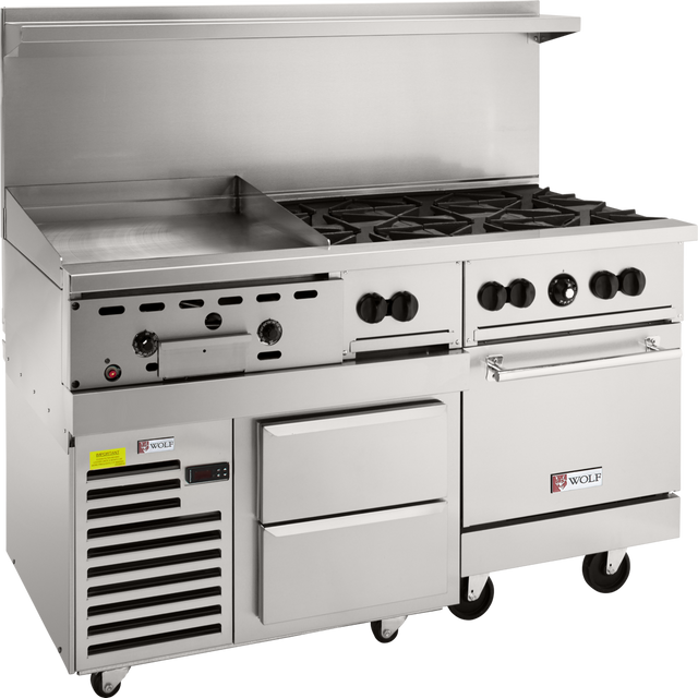 A commercial restaurant range with six gas burners, a flat griddle, two large drawers, an oven, a refrigerated base, control knobs, and caster wheels—all stainless steel and branded with the Wolf logo.