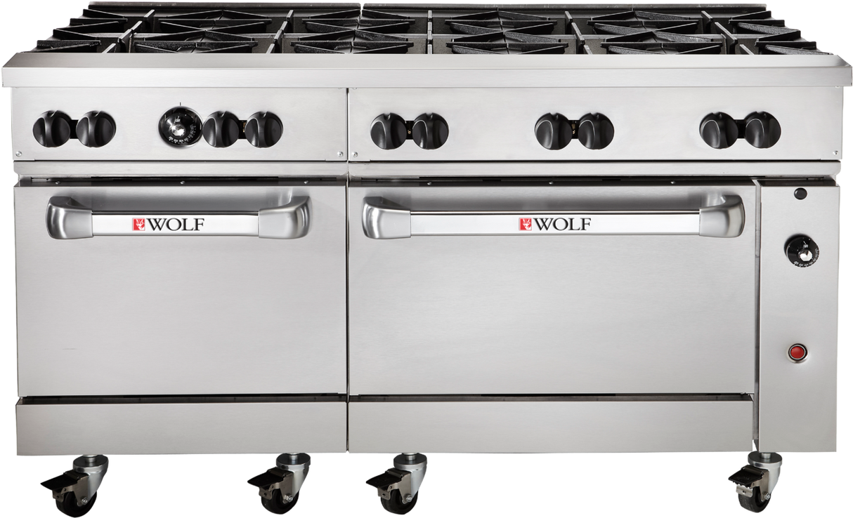 A large 60-inch Wolf Challenger XL Restaurant Range features eight burners, two ovens below with “Wolf” handles, black control knobs above each oven, and four black caster wheels for mobility.