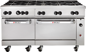 A large 60-inch Wolf Challenger XL Restaurant Range features eight burners, two ovens below with “Wolf” handles, black control knobs above each oven, and four black caster wheels for mobility.