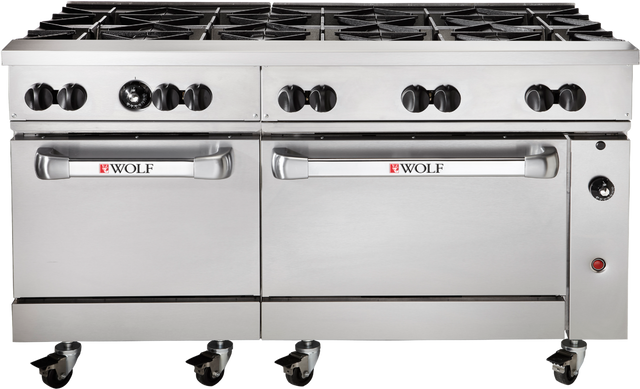 A large 60-inch Wolf Challenger XL Restaurant Range features eight burners, two ovens below with “Wolf” handles, black control knobs above each oven, and four black caster wheels for mobility.