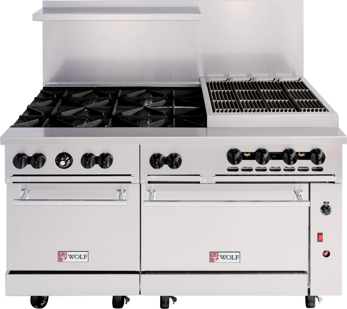 A Wolf Challenger XL commercial restaurant range featuring six gas burners, a charbroiler grill, two oven doors with visible branding, and a high backsplash. This 60-inch gas range offers multiple control knobs for versatile cooking.