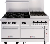 A Wolf Challenger XL commercial restaurant range featuring six gas burners, a charbroiler grill, two oven doors with visible branding, and a high backsplash. This 60-inch gas range offers multiple control knobs for versatile cooking.