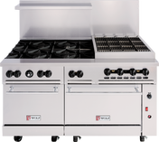 A Wolf Challenger XL commercial restaurant range featuring six gas burners, a charbroiler grill, two oven doors with visible branding, and a high backsplash. This 60-inch gas range offers multiple control knobs for versatile cooking.