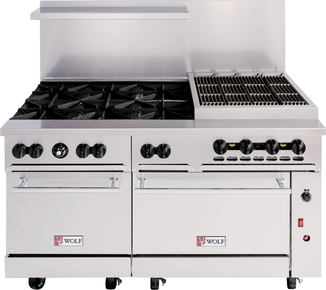 A Wolf Challenger XL commercial restaurant range featuring six gas burners, a charbroiler grill, two oven doors with visible branding, and a high backsplash. This 60-inch gas range offers multiple control knobs for versatile cooking.