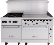 A 60 inch stainless steel Wolf Challenger XL restaurant range with six gas burners on the left, a large flat griddle on the right, two ovens below, and control knobs and indicator lights along the front panel. The commercial gas range has a raised backsplash and is on wheels.