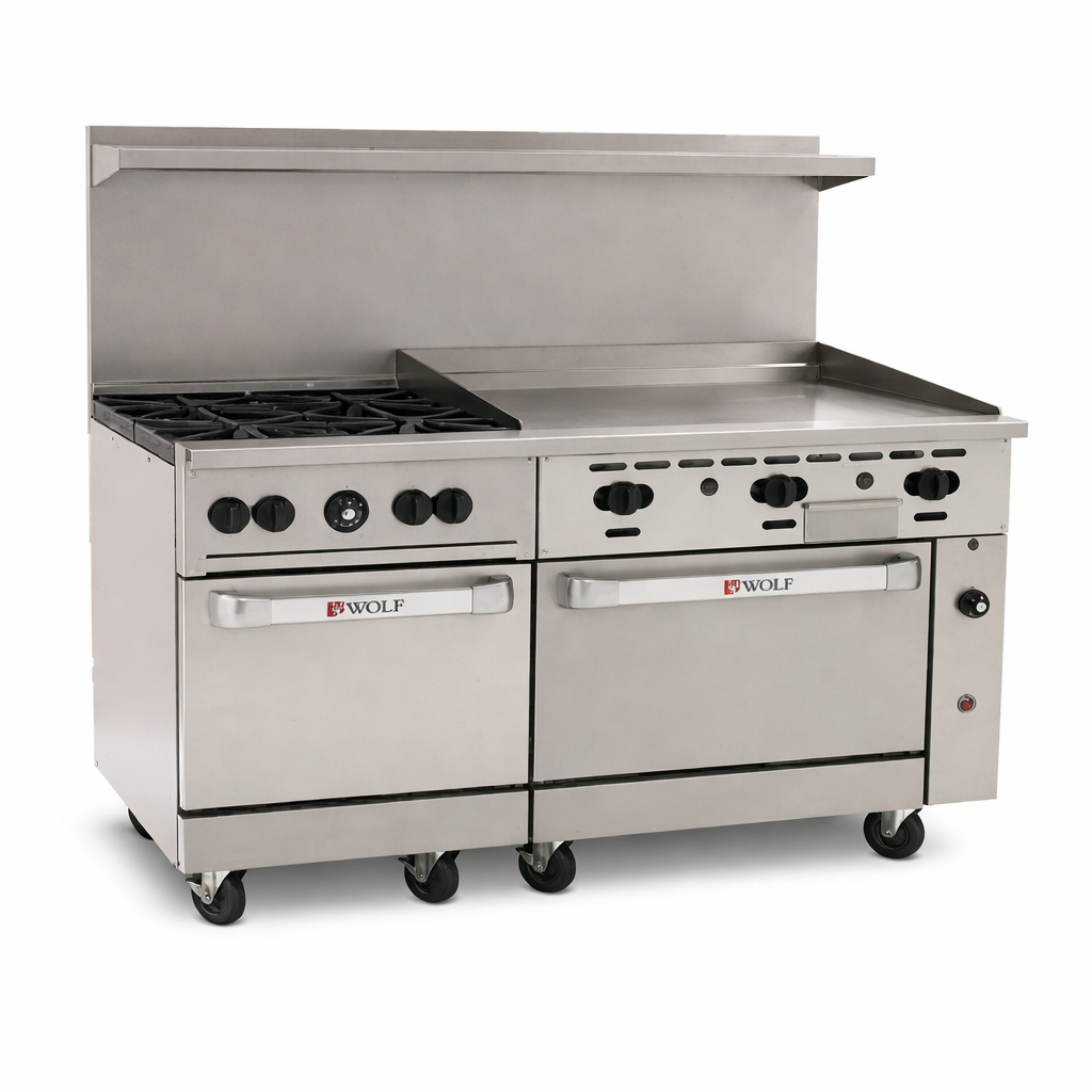 A large Wolf Challenger XL restaurant range with two ovens, four burner controls, a flat griddle, overhead shelf, and casters for mobility. This 60 inch stainless steel range is perfect for any busy commercial kitchen.
