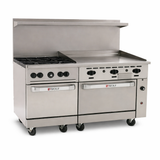 A large Wolf Challenger XL restaurant range with two ovens, four burner controls, a flat griddle, overhead shelf, and casters for mobility. This 60 inch stainless steel range is perfect for any busy commercial kitchen.