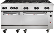 A large commercial restaurant range with stainless steel construction features eight gas burners and two Wolf-labeled oven doors. This gas cooking equipment includes control knobs, ventilation slots, and sits on six wheels for easy mobility.