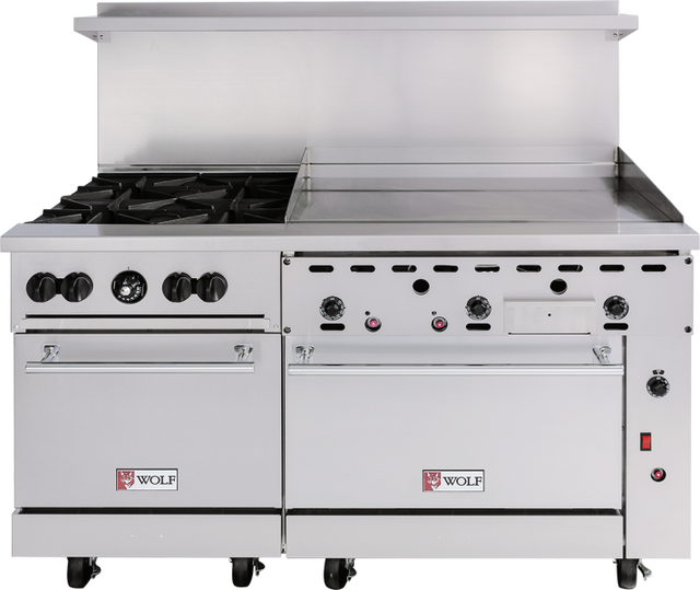 A Wolf Challenger XL Restaurant Range, this commercial gas range features multiple burners, a flat griddle, two convection ovens below, and front control knobs. The red and white Wolf logos stand out on the unit’s wheeled base and high backsplash.
