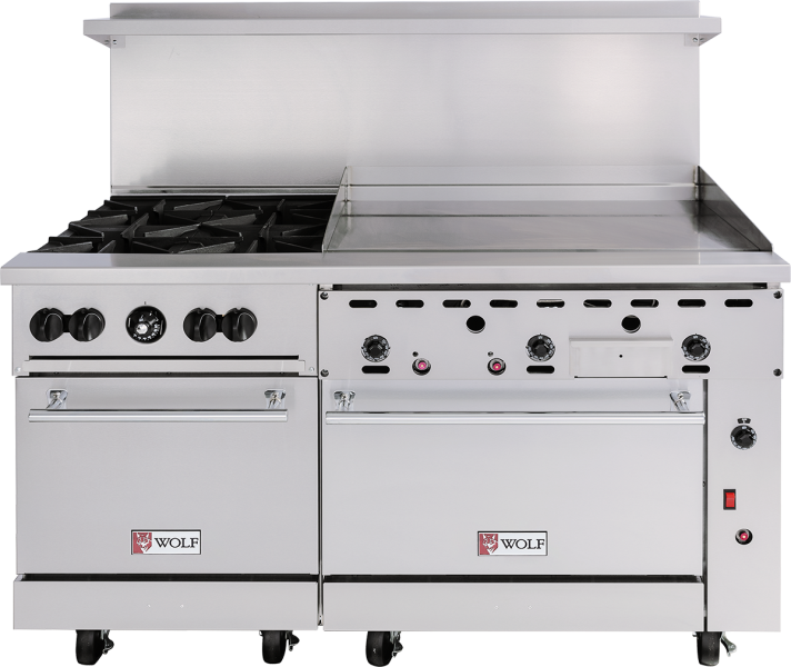 A 72-inch gas range by Wolf, this commercial kitchen equipment features four gas burners, a right-side griddle, two spacious ovens with Wolf logos, black control knobs, and wheels—ideal as a heavy-duty restaurant range.