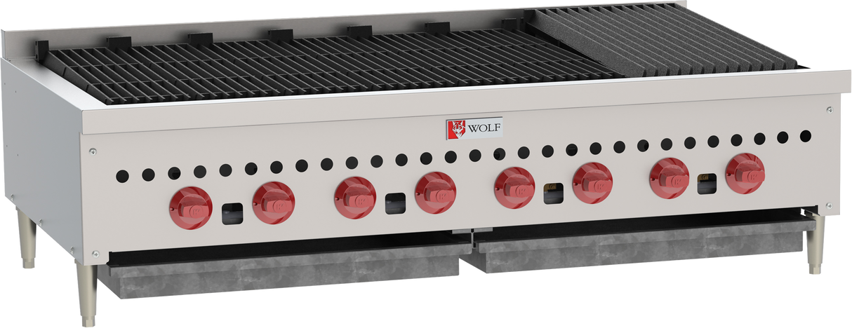 The Wolf SCB47_LP charbroiler is a commercial countertop gas charbroiler featuring eight red control knobs, black grill grates, the signature Wolf logo, sturdy legs, and two removable drip trays for easy cleanup.